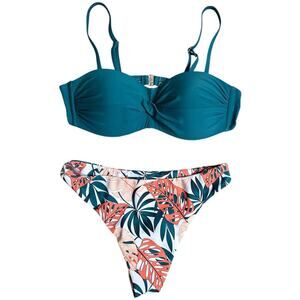 Teal Multicolor Tropical Brazilian High Waist Bikini Convertible Bra Swimwear S